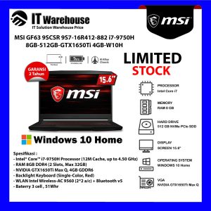 MSI GF63 9SCSR 9S7-16R412-882 i7-9750H 8GB/512GB/GTX 1650Ti/Win10H